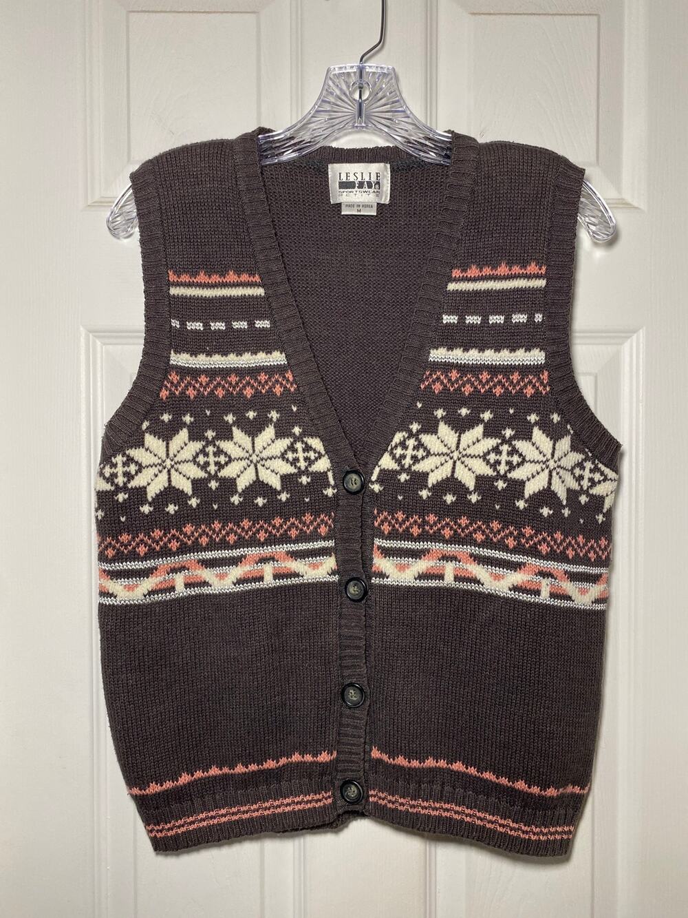 Vintage Leslie Fay Fair Isle Knit Sweater Vest Medium Brown Pink Snowflake